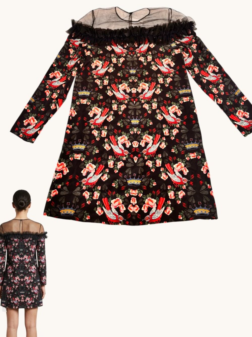 RARE $795 NWT ARCHIVE MOTHER OR PEARL SILK BIRD TAPESTRY RUFFLE MINI DRESS 4 - Picture 6 of 7